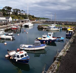 View of small boats in Carnlough Harbour